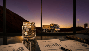 Composite image mine site background, office foreground with financial paperwork on table