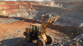 An SEM wheel loader, branded with the Barloworld Equipment and CAT logos, operates in a vast open-cast mine. The machine’s bucket is raised and filled with heavy rocks against a backdrop of deep, tiered excavation layers and a dusty, sunlit horizon.